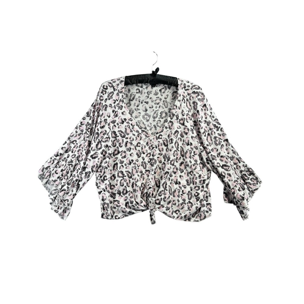 Coco + Carmen Pink Leopard Print Tie Front Blouse XL Bell Sleeve Boho Top